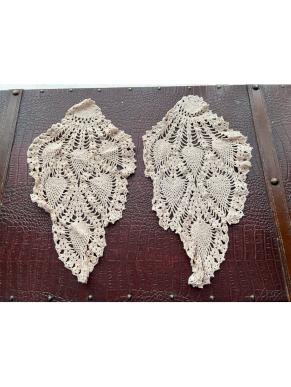 Two Vintage Off White Pineapple/Peacock Feather Fan Teardrop Shape Crochet Doily